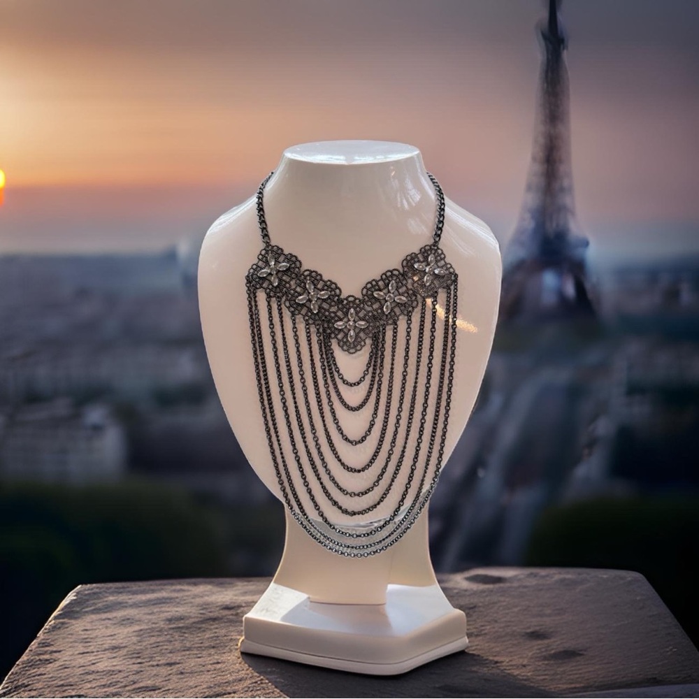 Metal Lace Flower Crystals Drape Chains Necklace‎